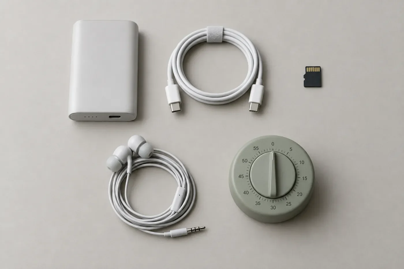 Flat lay of a power bank, USB-C cable, memory card, earbuds, and kitchen timer