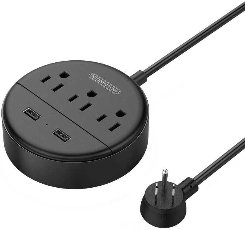 NTONPOWER Flat Plug P/Strip 3 Outlets 2 USB Ports, 5ft Cord, Black
