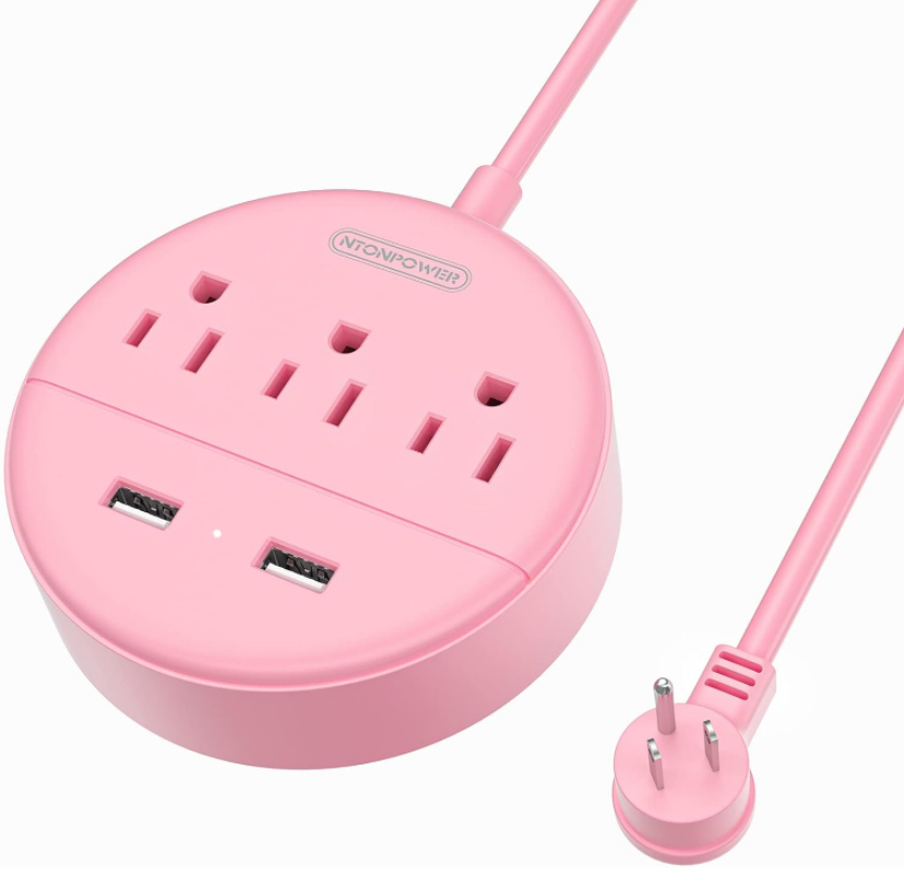 NTONPOWER Flat Plug P/Strip 3 Outlets 2 USB Ports, 5ft Cord, Rose Pink