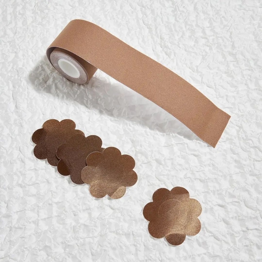 [si2211177674701493] 2pairs Floral shaped Nipple Cover & 1roll Boob Tape - Bronze/ one-size