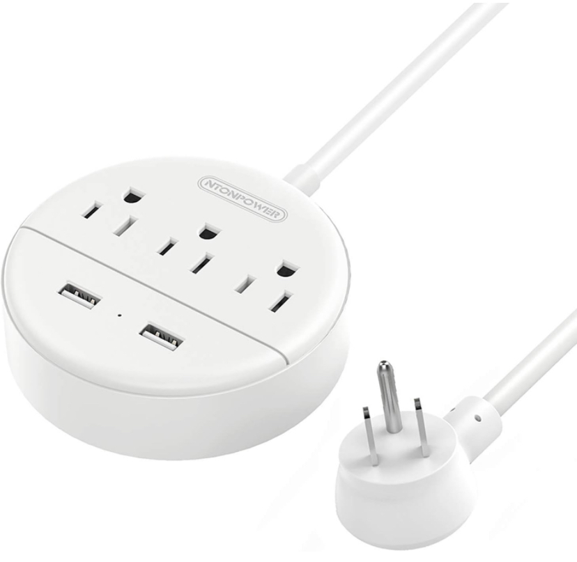 NTONPOWER Flat Plug Power Strip 3 Outlets 2 USB Ports, 5ft Cord, White