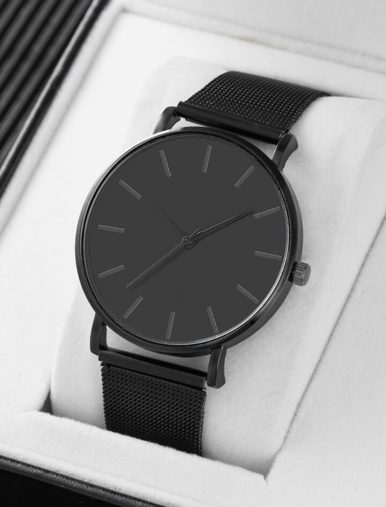 Men Mesh Strap Round Pointer Quartz Watch - Black/one size