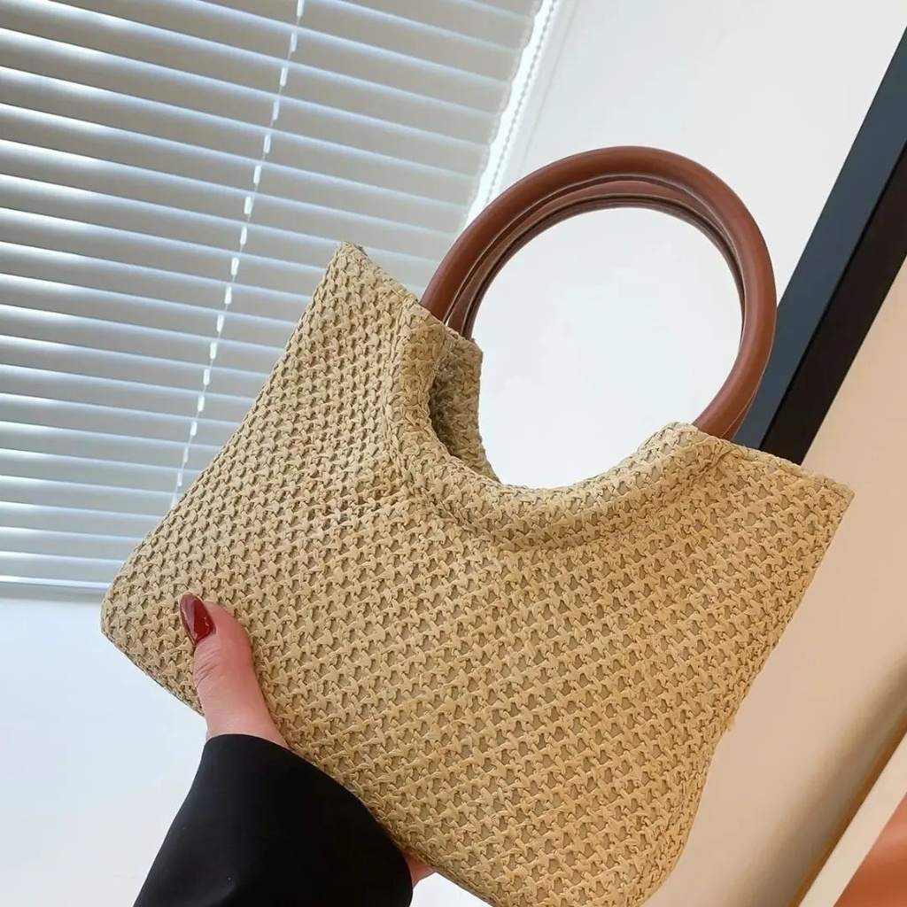 Minimalist Double Handle Straw Bag - Brown