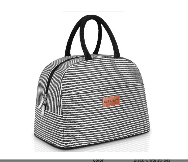 BALORAY Insulated Lunch/Tote Bag (Black and white stripe black handle)