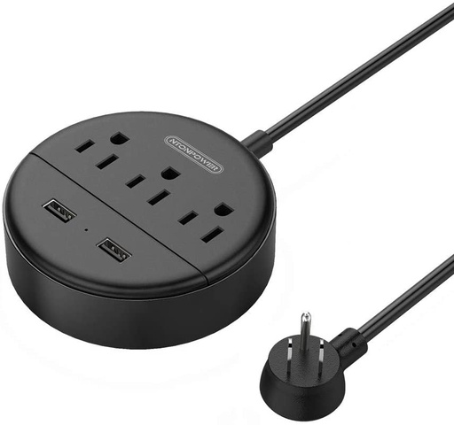 NTONPOWER Flat Plug Power Strip 3 Outlets 2 USB Ports, 5ft Cord, Black