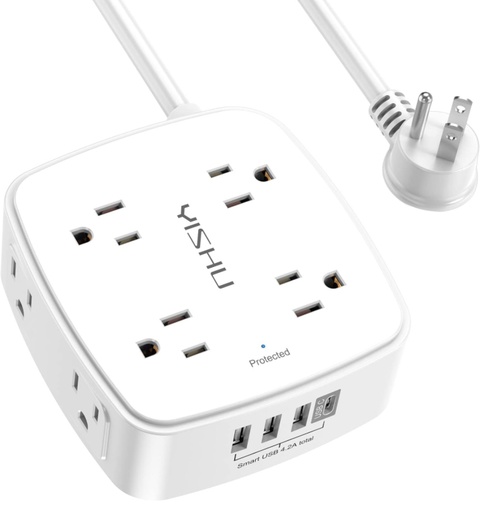 YISHU 10 Ft Surge Protector Power Strip - 3 Side Outlet Extender with 8 Widely AC Outlets and 4 USB Ports, 10 Feet Extension Cord with Flat Plug, Wall Mount Desk USB Charging Station, ETL ,White